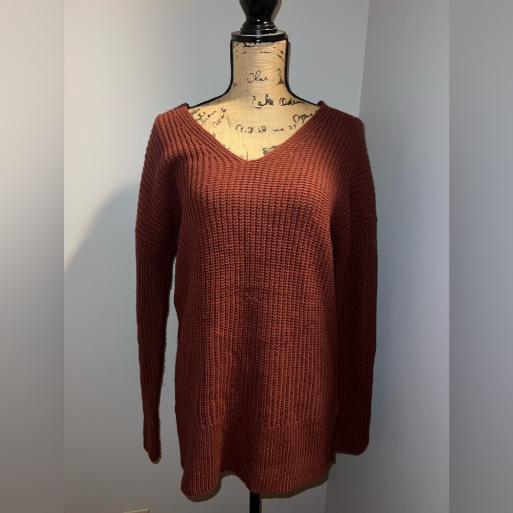 Pink Rose Wine Colored Sweater with Cross Detailing on back Size L